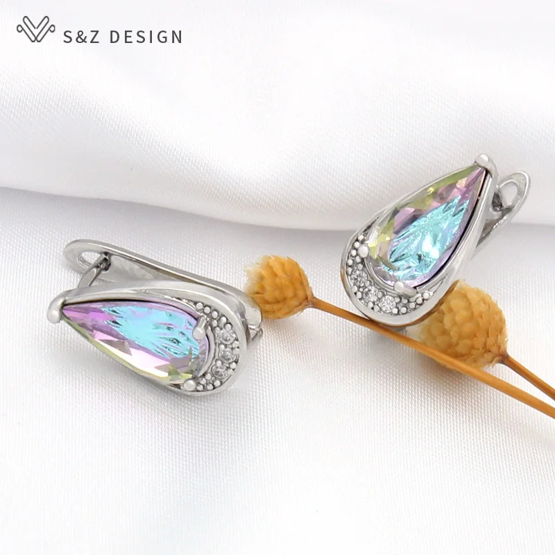 S&Z DESIGN New Colorful Water Drop Crystal Dangle Earrings Rose Gold Color Cubic Zirconia Eardrop For Women Wedding Jewelry Gift