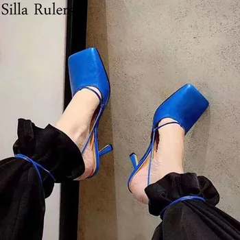 

Runway 2020 New Summer Square Toe Sandals Woman Genuine Leather High Heels Summer Shoes Woman One Strap Gladiator Woman