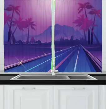

Fuchsia Violet Blue Tropical Kitchen Curtains Exotic Paradise Long Palm Trees Mountains Road City Landscape View Window Drapes