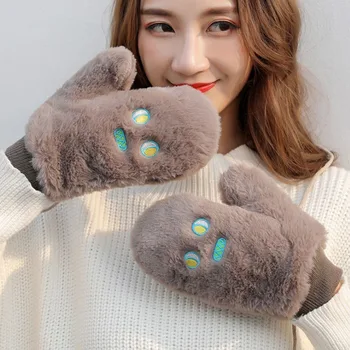 

Double Layer Super Warm Mittens Women Winter Faux Fur Gloves Female Autumn Embroidery Cartoon Gloves Youth Girls Students Luvas