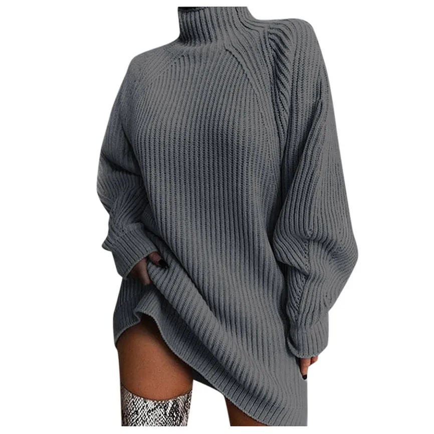 Dark Gray Роскошные свитера для женщин, модные женские однотонные свитера с длинным рукавом и высоким воротником, зимний Свободный пуловер, свитер, платье, эластичные пуловеры - Цвет: Dark Gray