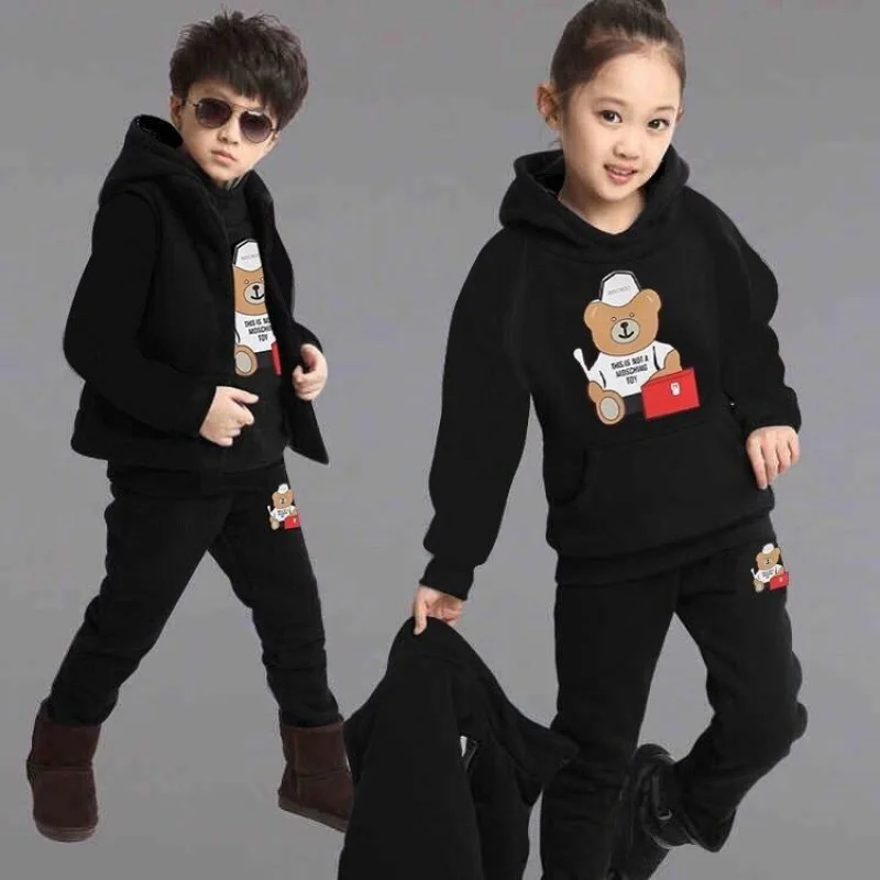 

Casual Thick Warm Clothing Set 3 Pcs Boy Girls Toddler 3-13 Years Sweatshirt +Pants+Vest Cartoon Bear Winter Children Outfits