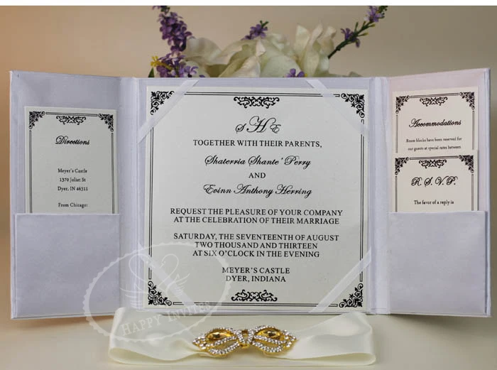 HI2003-51 Custom White Silk Invitation with Gold Brooch for Wedding More Colors Available Factory Price