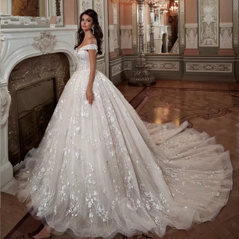 

Off The Shoulder Short Sleeve Beading Crystal Sequins Luxury Ball Gown Wedding Dresses Plus Size 2020 Vestido De Noiva Princesa