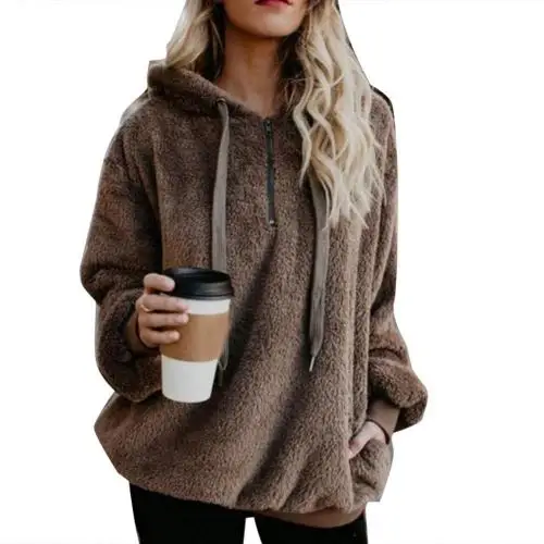 Summer Fashion Plus Size Winter Solid Color 1/4 Zip Up Fluffy Hoodies Women Hooded Sweatshirt Ladies Clothing oversized hoodie Hoodies & Sweatshirts