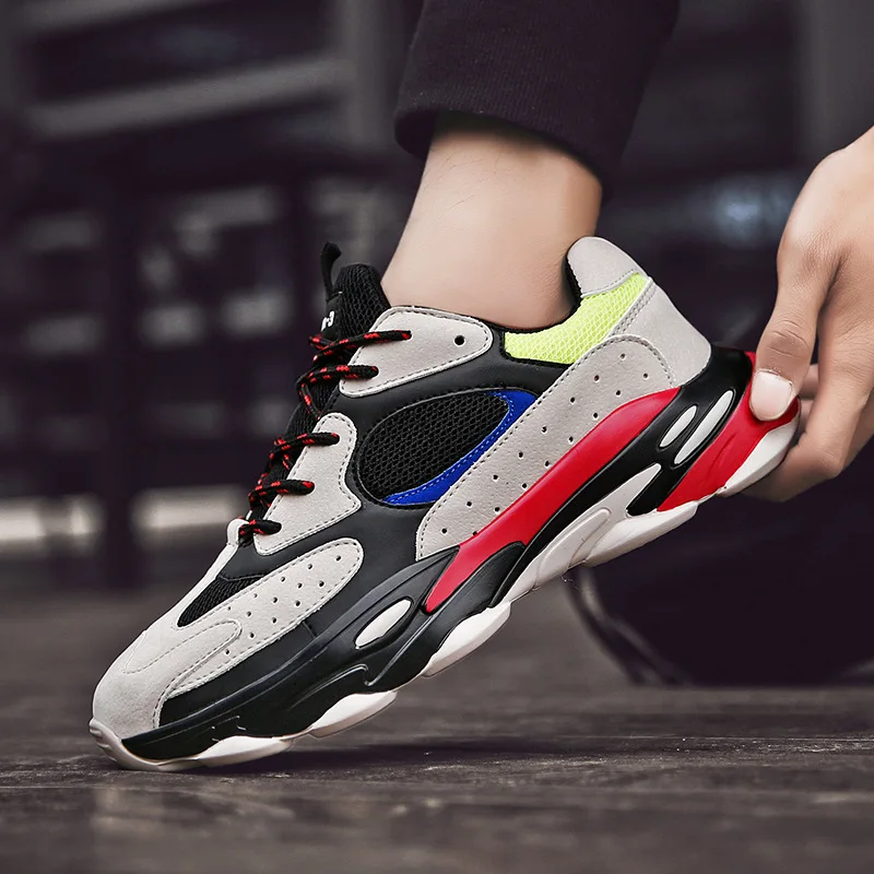 

Men Chunky Sneakers Quality Leather Mesh Patchwork Men Casual Shoes Comfortable Black Leisure Men Shoes H37