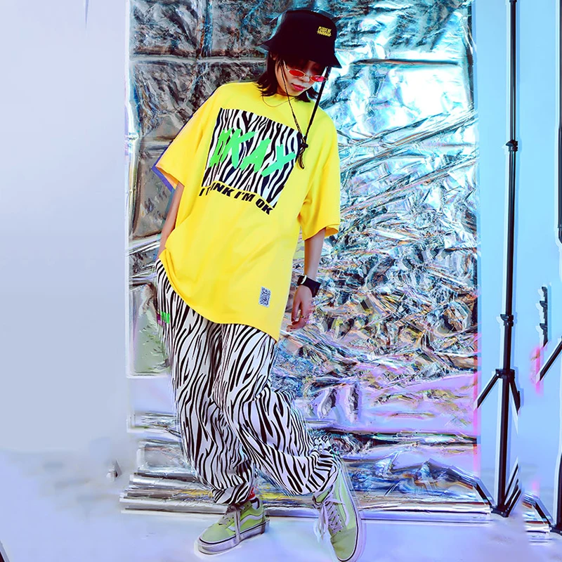 

Hip Hop Costumes Children Yellow Short Sleeve Zebra Striped Pants Boys Street Dance Clothes Stage Outfit Kids Modern Wear DN5539