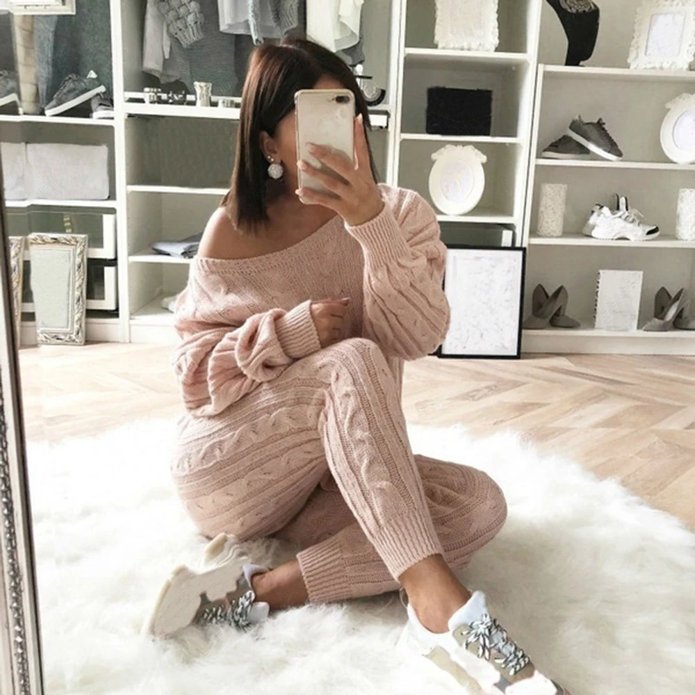 

LITTHING 2019 New Autumn Cotton Tracksuit Women 2 Piece Set Sweater Top+Pants Knitted Suit O-Neck Knit Women Outwear 2 Piece Set