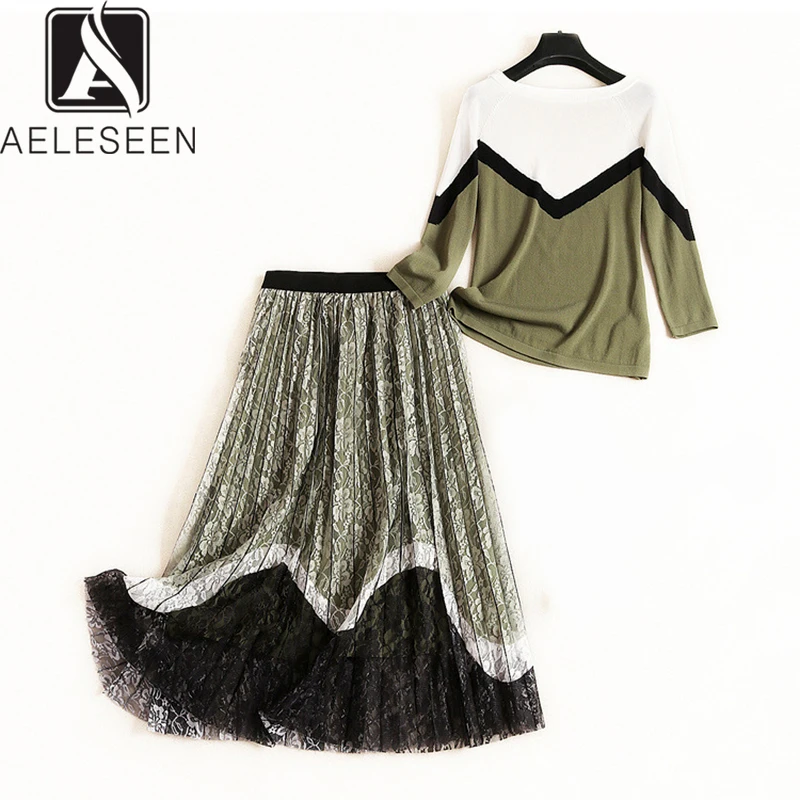 

AELESEEN Office Lady Suit Elegant Three Contrast Color Pullover Knitting Top + Elastic Waist Green Floral Pleated Skirt Set