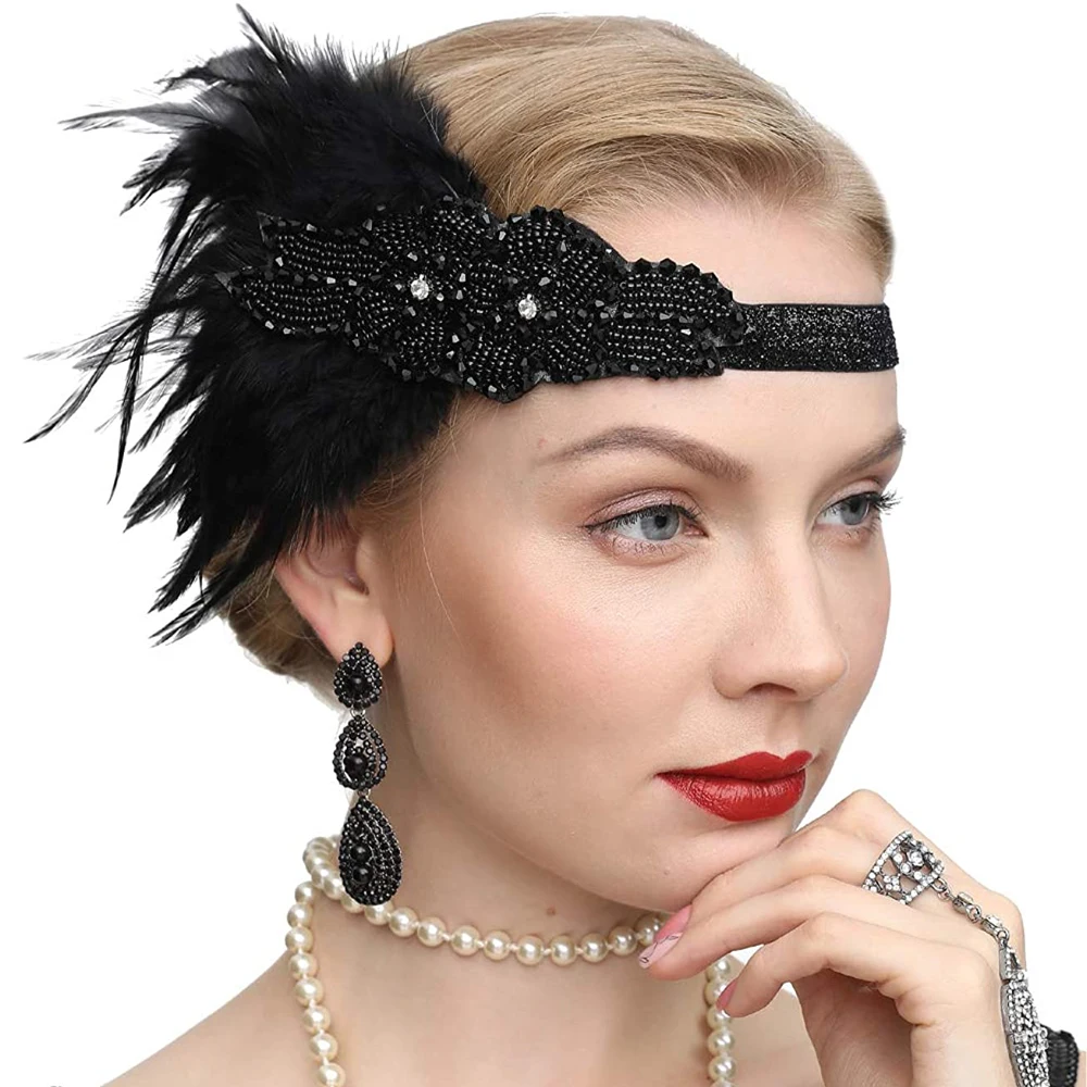 B-NOIR Feather Headband Cocktail Party Accessoires de cheveux pour femmes Vintage Flapper Sparkling Hairband Gatsby Feather Headpiece 
