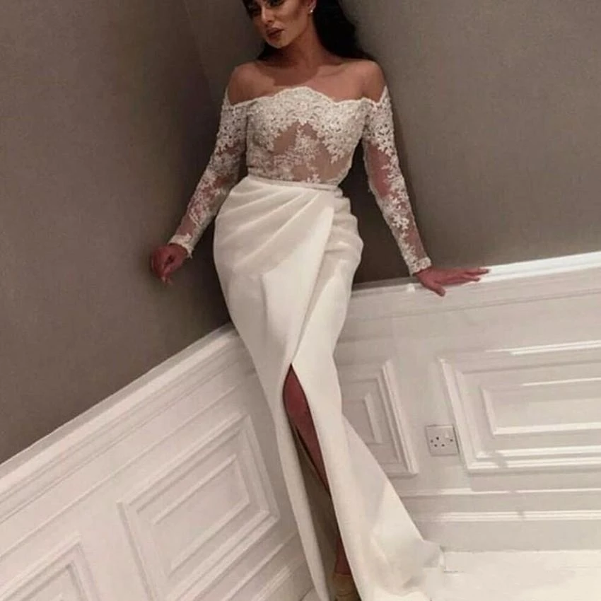 

Saudi Arabic Lace Evening Dresses Off The Shoulder Long Sleeve Evening Gowns Appliqued Dubai Kaftan Dress Split Party Dress