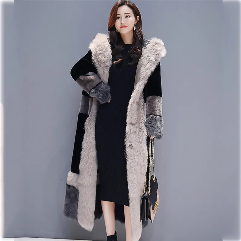 black New Autumn Winter Faux Fur Coat Women Clothes Plus Size fur collar Hooded Fashion Elegant Thick Warm Long Parkas Coat X944 - Цвет: black