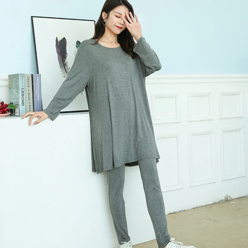Gray Женские Пижамы, осенние модели, большие размеры, домашние костюмы, футболка с длинными рукавами+ штаны, комплекты из 2 предметов, pijama mujer, одежда для сна, femme - Цвет: Gray