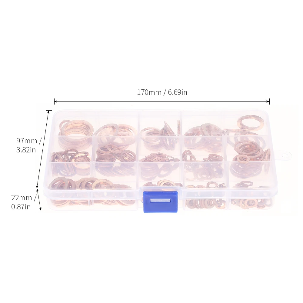 

Hot New 280pcs M5-M20 Copper Washers Gasket Set Flat Sealing Ring Seal Assortment Kit with Box 12 Sizes for Hardware Accessories