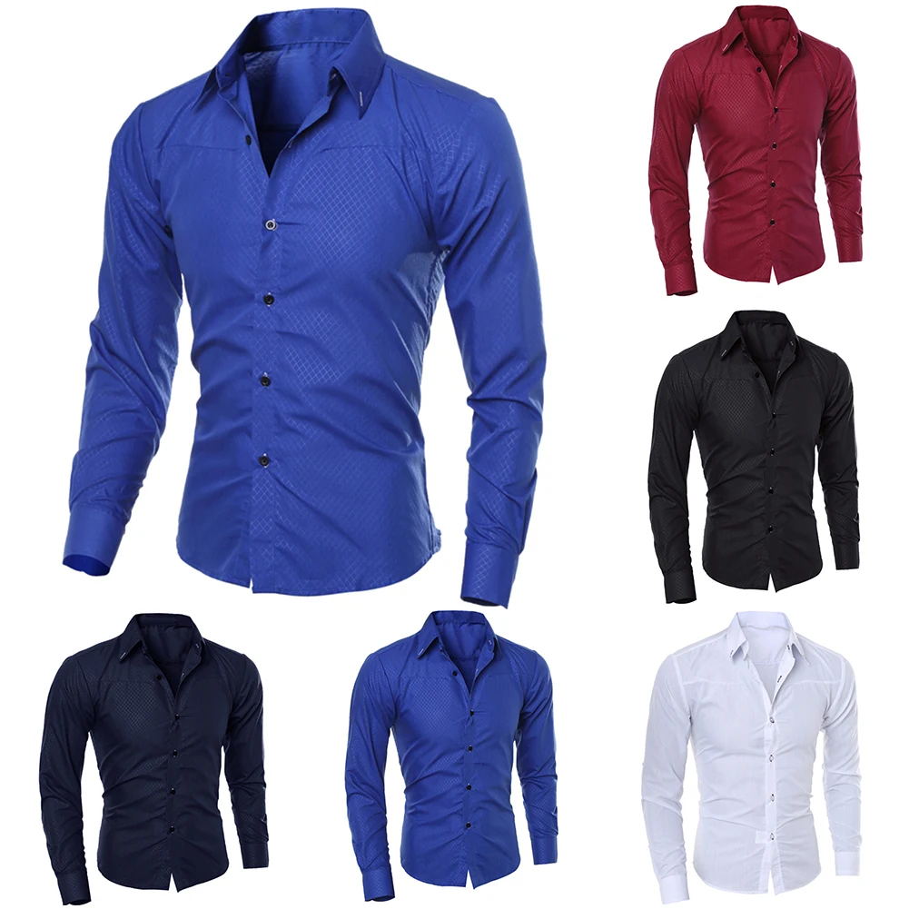 new fashion men's pure color collar shirt long-sleeved slim shirt hot selling close-fitting classic shirt