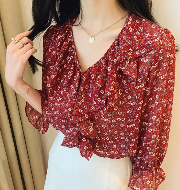 Camisas rojas con estampado Floral para mujer, Blusa de gasa de manga 3/4 con cuello en V, para oficina|Blusas y camisas| - AliExpress