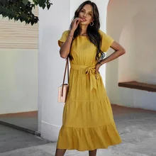 Ladies Spring/Summer 2021 Fashion Women's Waist Simple Pure Color Temperament Bandage Short Sleeve Elegant Dress Women