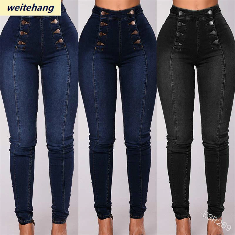 Vintage Skinny double-breasted High Waist Pencil Jeans Women Slim Fit Stretch Denim Pants Full Length Denim Tight Trousers 88 jeans