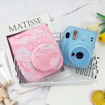 

For Fujifilm Instax Mini 11 Mini11 Shoulder Camera Bag Colorful Patterns Pink Marble PU Leather Camera Case With Shoulder Strap