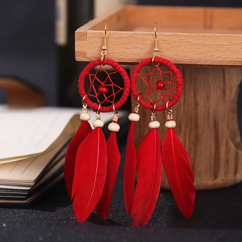 Drop Earrings Bohemian Hollow Dream Catcher Leaf Feather For Women