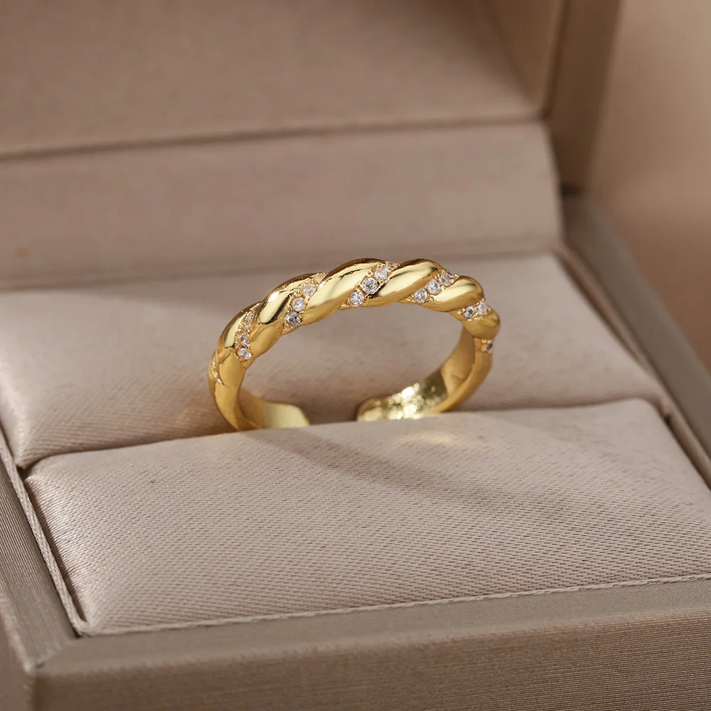 Zircon Twisted Rings For Women Punk Stainless Steel Gold