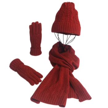

Hot Selling Winter Women Wooly Thick Knit Hat Scarf Gloves Set Warm Soft knitted Woollen Set -B5