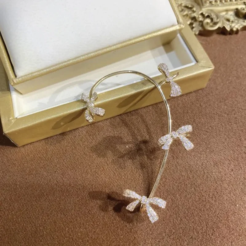 Micro Zircon Inlaid Bowknot Ear Bone Clip Gold Plated Metal Cuff Earring French Style Vintage Fashion Jewelry | Украшения и