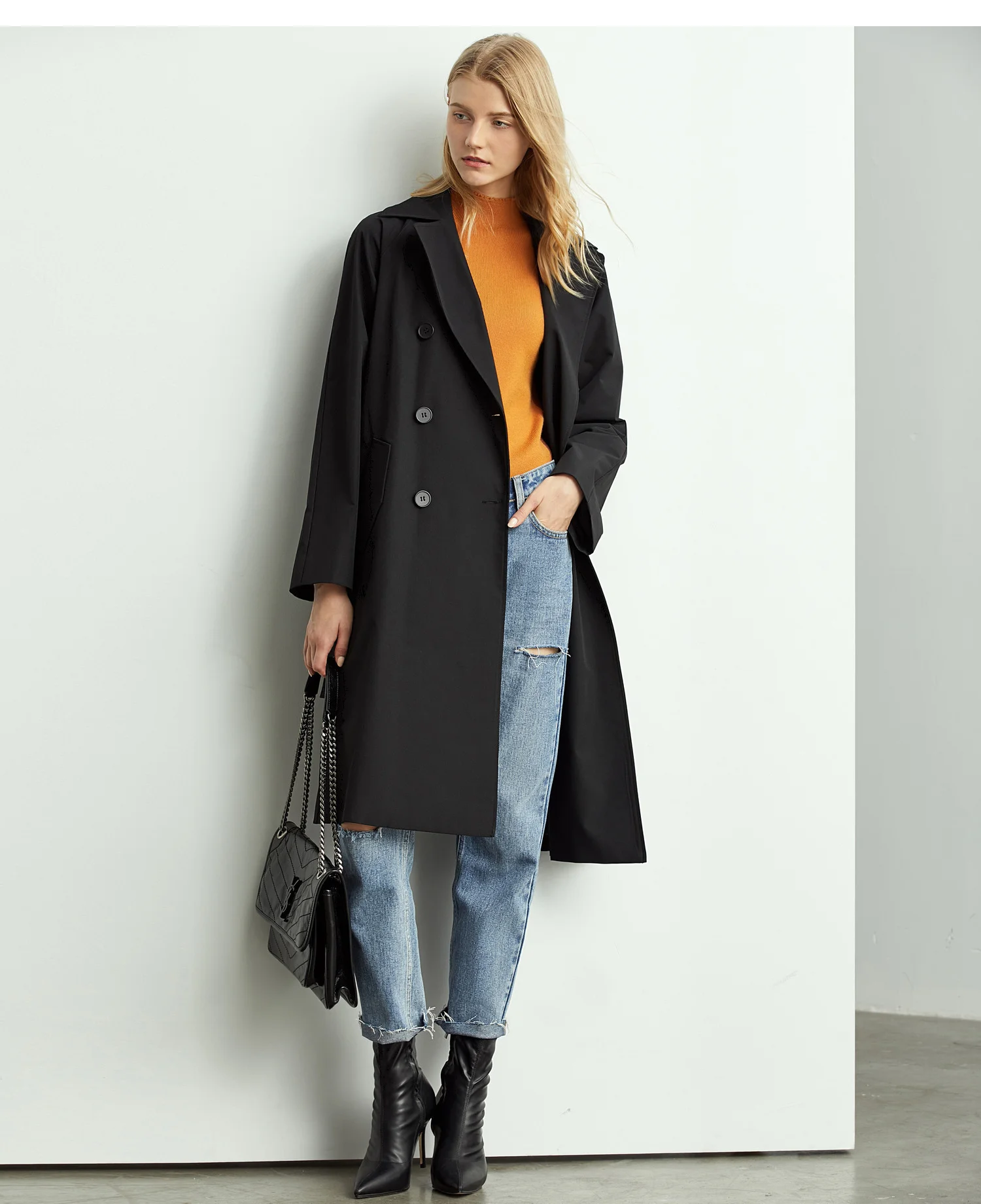 Amii English wind temperament medium and long style windbreaker woman autumn dress double row buckle fastening belt coat