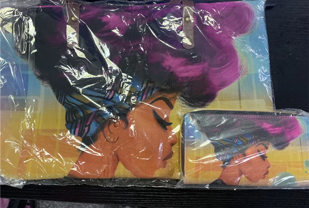 Günstig FORUDESIGNS 2 teile satz Frauen Handtaschen Schwarz Kunst Afrikanische Mädchen Druck Hand Tasche   Geldbörsen Damen Ethnische Top Griff Taschen frauen Bolsa