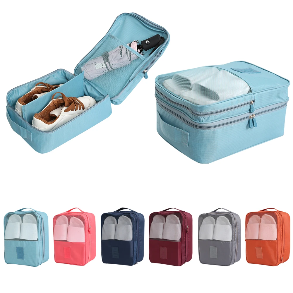 

Three Layers Water Resistant Portable Travel Shoe Bags Two-way Zippers Multifunctional storage Built-in mesh bag For Slippers