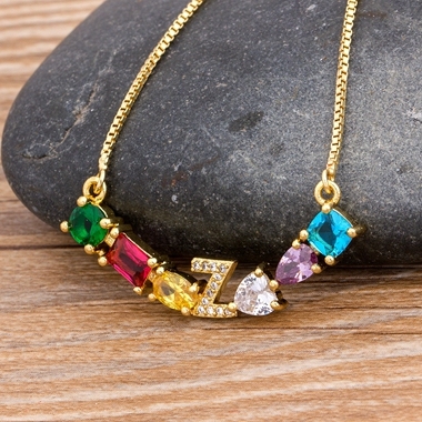 New Design Luxury Initial Alphabet A-Z Letters Charm Rainbow Pendant Necklace Copper Zirconia Choker Family Jewelry Gift