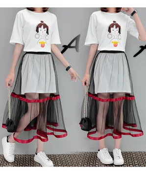 

2020 New Spring Summer O-necked Print T-shirt Mesh Skirt 2 Piece Set Preppy Style Casual Japan Streetwear B21