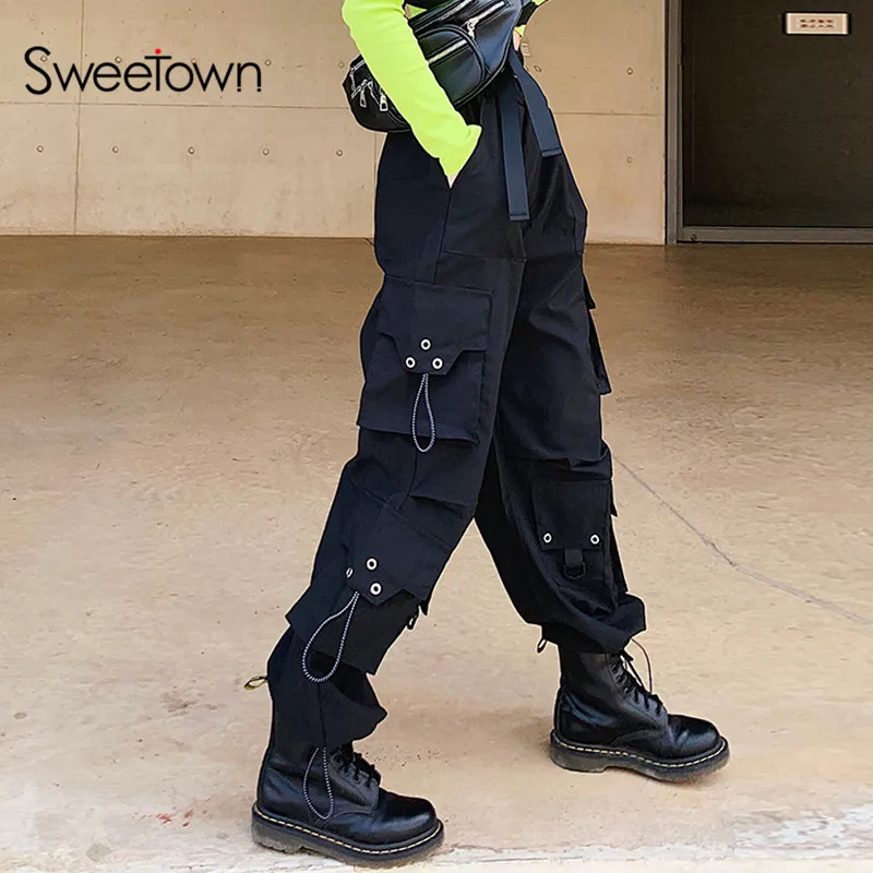 Sweetown Casual Loose Wide Leg Cargo Pants Women Elastic High Waisted Baggy Trousers Harajuku Japanese Hip Hop Streetwear Pants Sweetown Casual Loose Wide Leg Cargo Pants Women Elastic High Waisted Baggy Trousers Harajuku Japanese Hip Hop Streetwear Pants