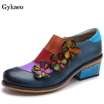 

Gykaeo Designer Shoes Women Luxury 2020 Floral Mid Heel Genuine Leather Shoes Ladies Comfortable Four Seasons Print Pumps 41 42