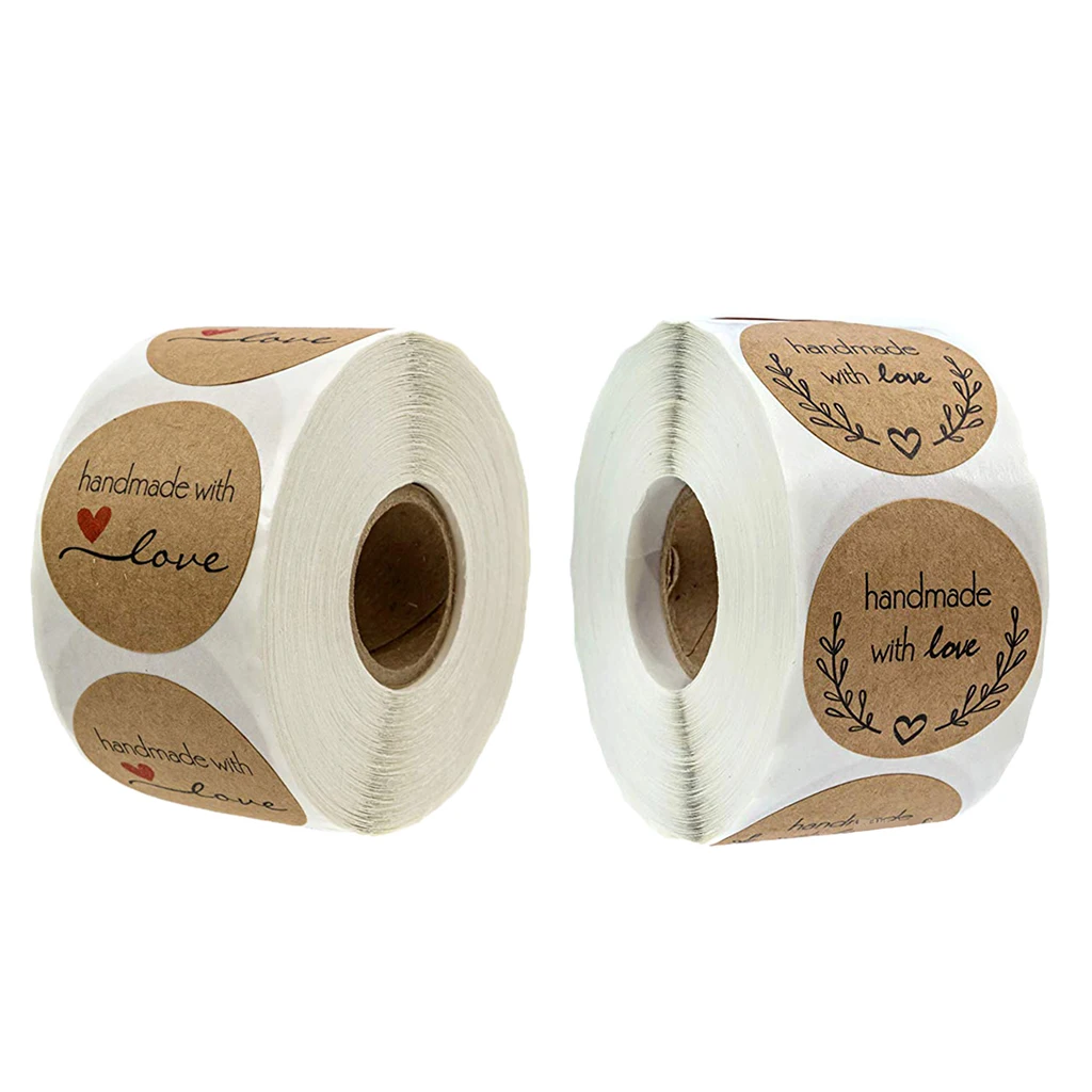 500Pcs Handmade with Love Sticker,  1'' Round Gift Wrapping Stickers Roll Kraft Paper Strong Adhesive Stickers