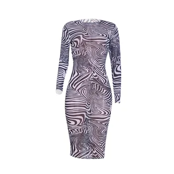 

Zebra Pattern Cocktail Dresses Flexible Perspective Dress For Party Long Sleeves Tea-Length Sheath Club Dress коктельное платье