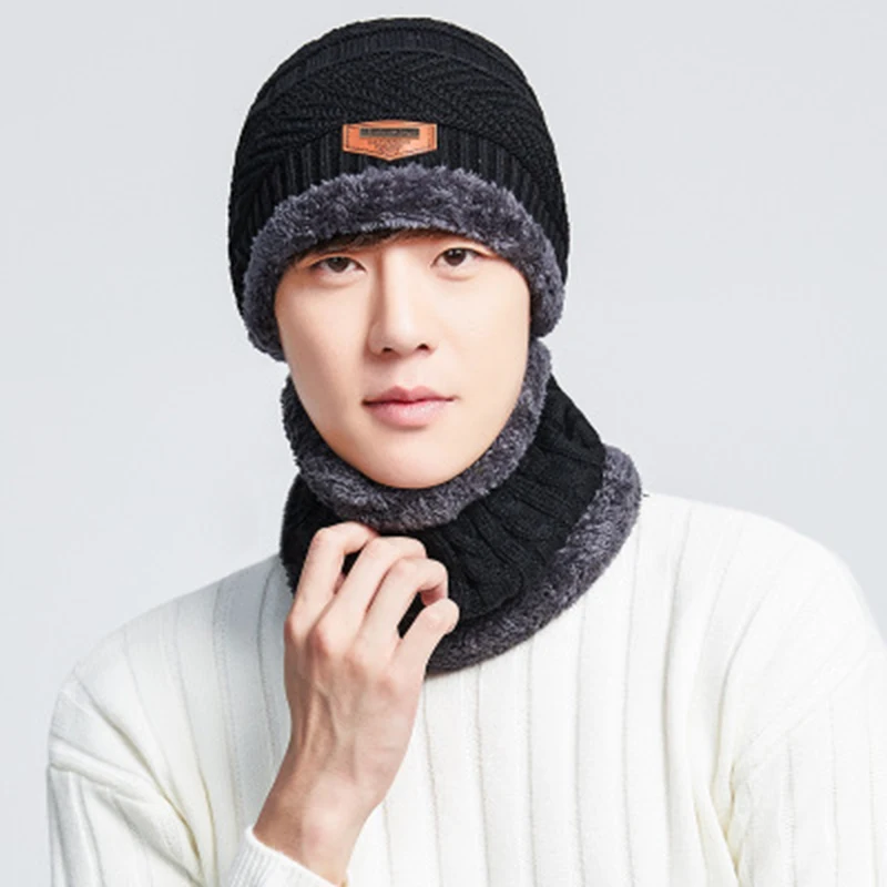 

2019 New Knit Hat Men Version Of The Tide Simple Autumn And Winter Windproof Warm Collar Wool Cap Fashion Thicken Two Piece