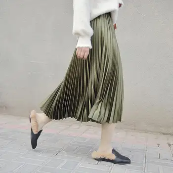 

Vintage Women ladies girls Metallic Maxi Long Pleated Skirt Elegant Elastic High Waist Korean Style Office School Streetwear