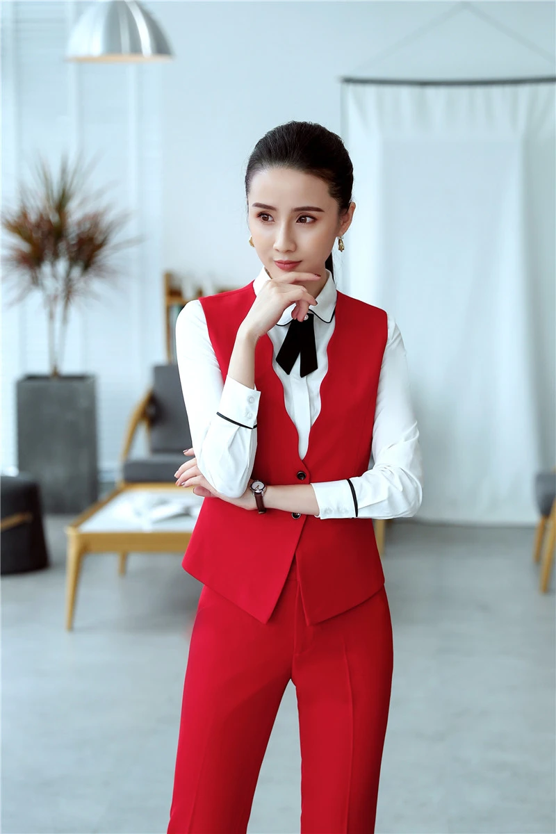 Formal Uniform Designs Women Pantsuits with 2 Piece Set Pants and Vest & Waistcoat Elegant Red Ladies Suits Blazers | Женская одежда