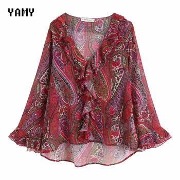 

Flare sleeve ruffles V neck chiffon zora Blouses Shirt Women Bohemian chic loose Womens tops and blouses Female za Fall Blouses