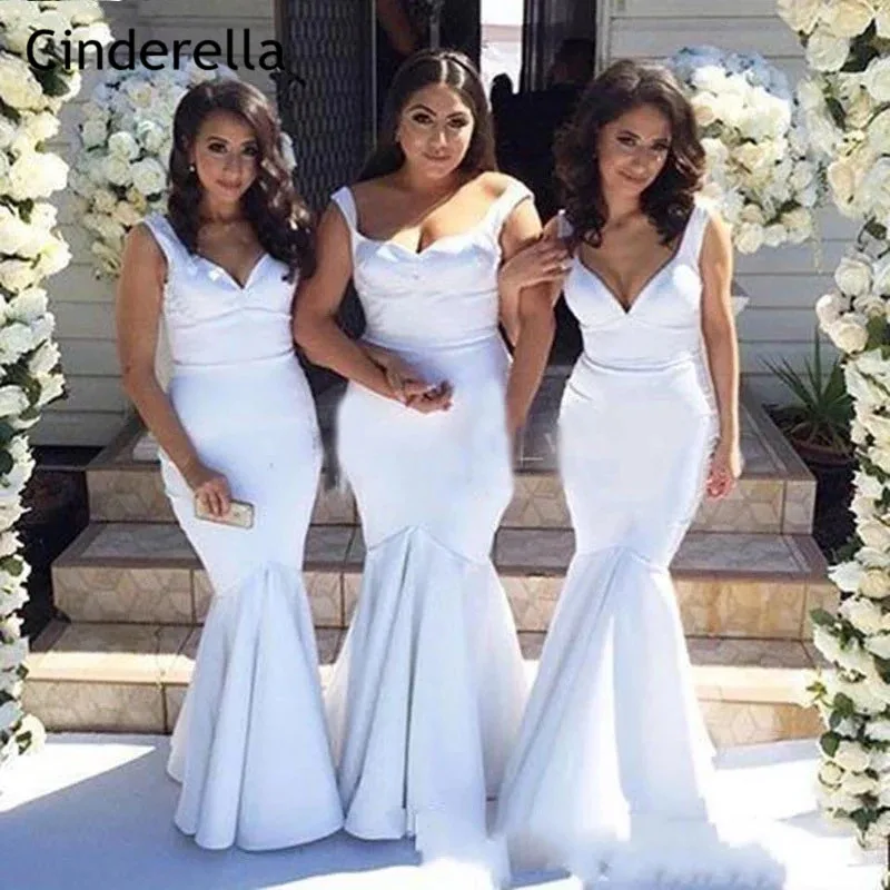 Simple Elegant V-Neck Matte Satin Pleated Floor Length Mermaid Bridesmaid Dresses Sweep Train Bridesmaid Dresses