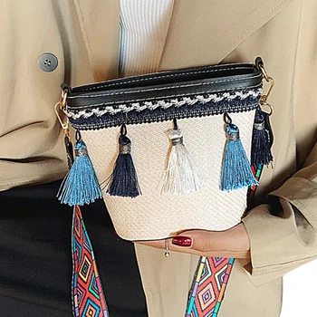 

AA Women Ethnic Style Tassel Shoulder Bag Detachable Plaid Strap Bucket Bag Fashion Casual Style Straw Crossbody