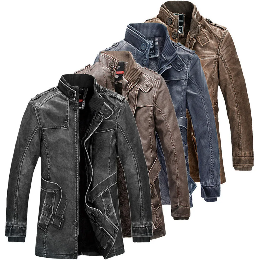 

Men's Coat Male Leather Jacket Autumn Winter Motorcycle Retro Thermal Mens Stand Collar Top Coats Leather Biker Jackets