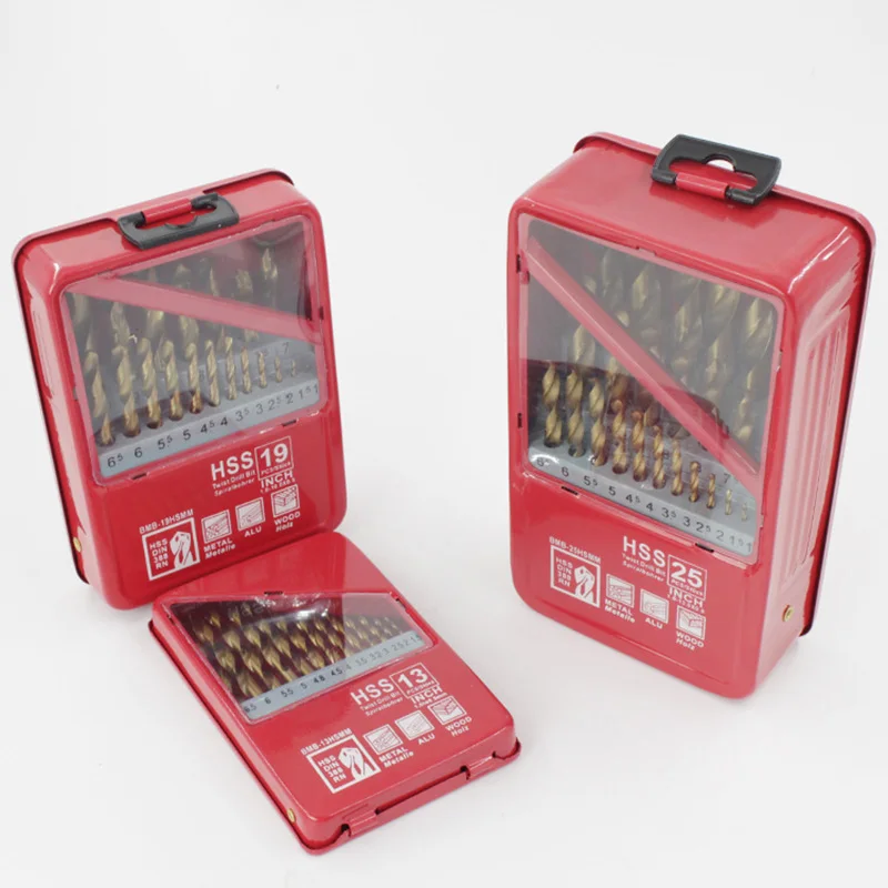 

13/19/25PCS Round Woodworking Tool 1-13mm Drill Bit HSS High Speed Steel Titanium Coated Twist Drill Bit Set