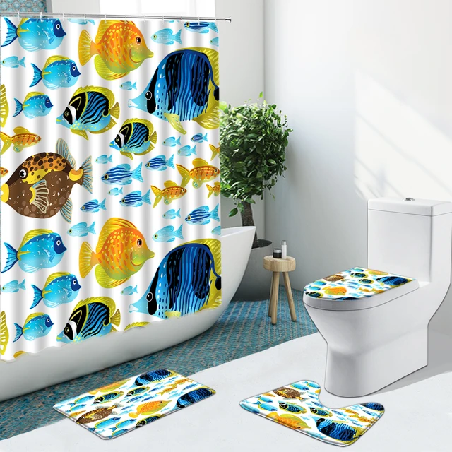 Tropical Fish Watercolor Vintage Pattern Bathroom Set Shower Curtain  Non-Slip Rug Flannel Carpet Toilet Cover With Hook Bath Mat - AliExpress