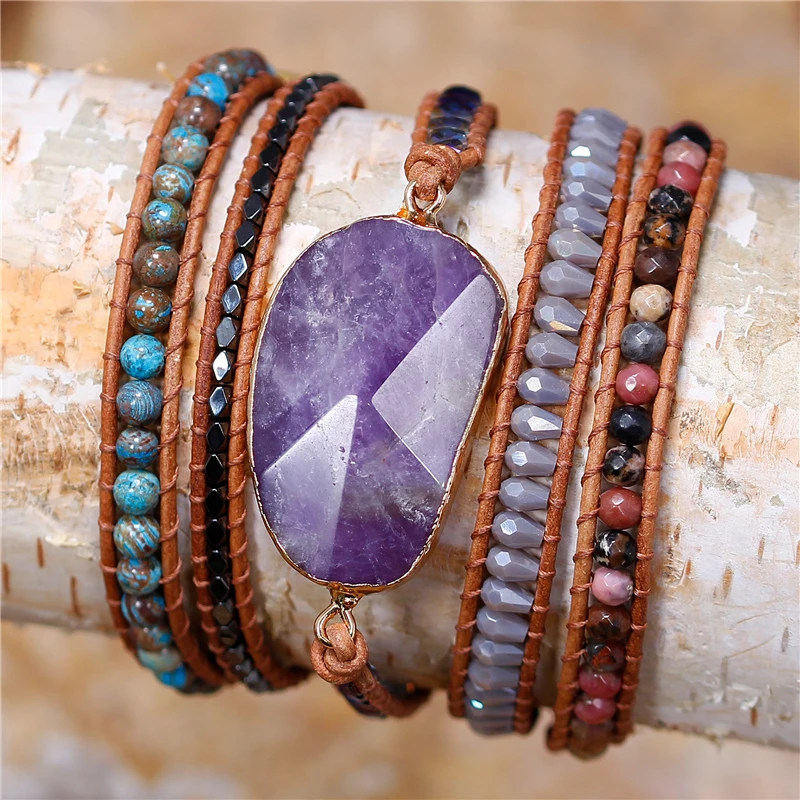 

Amethysts Crystals Beaded Leather Wrap Bracelets Natural Stone Five Layers Statement Bracelet Bohemian Jewelry Gifts Dropshiping