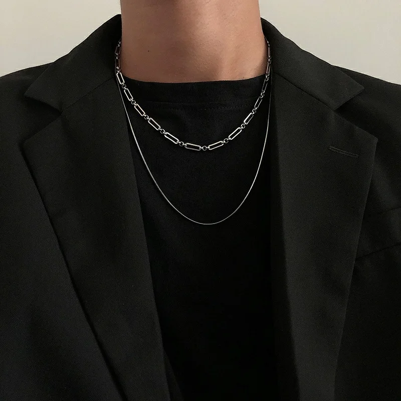 Necklace Simple Jewelry Punk Chain Stee Stainless Minimalist Men Goth Double-Layer Women