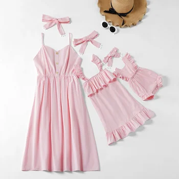 

Mother and Kids Casual Button Dress Solid Mom Baby Family Clothes Cute Baby Romper Summer Dress Outfits Matching Cotton Dress