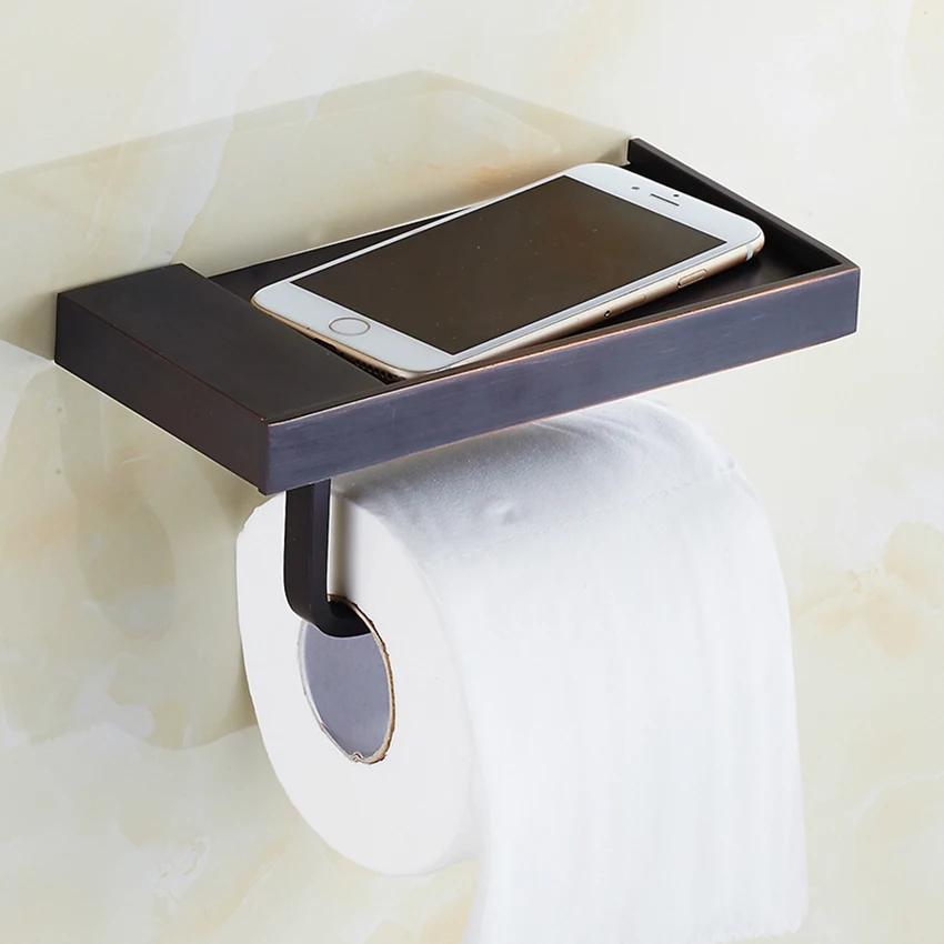 

Retro Roll Paper Holder Rack Toilet Black Copper Tissue Shelf Holders Bathroom Accessories Mobile Phone Placement Plate