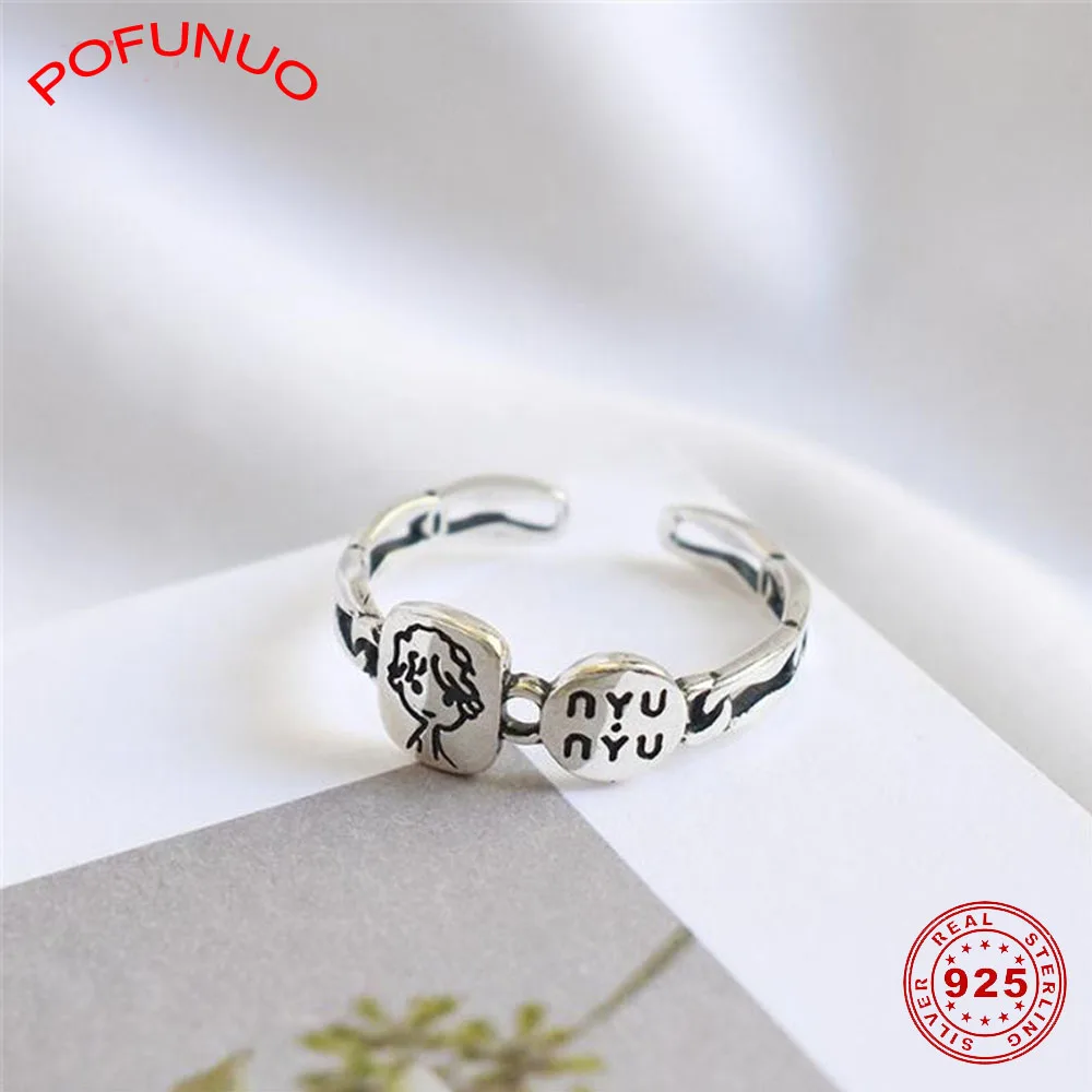 

POFUNUO 925 Sterling Silver Gift Rings Vintage Style Distress Letter Boy Head Stylish Rings Minimalist Personality Fashion Rings